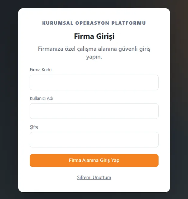 Firma kodu, kullanıcı adı ve parola ile giriş ekranı