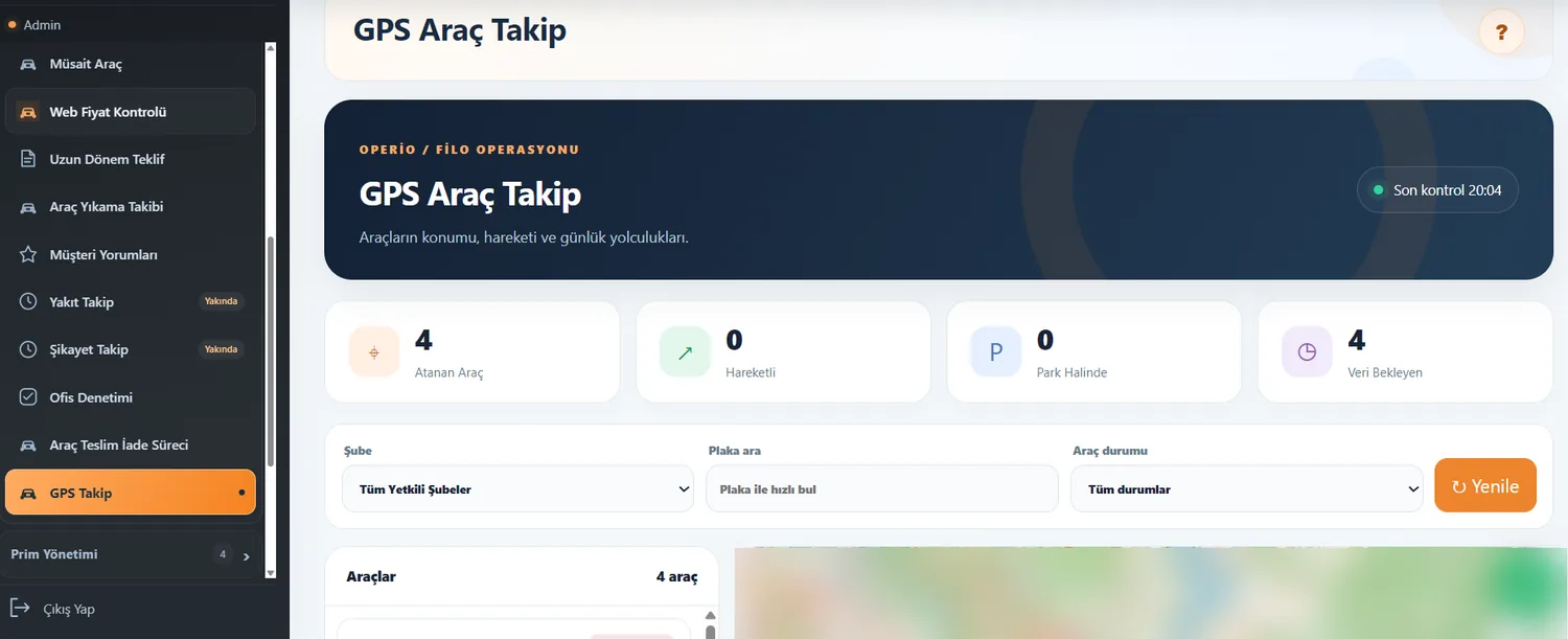 GPS araç takip, şube filtreleri ve araç durumları