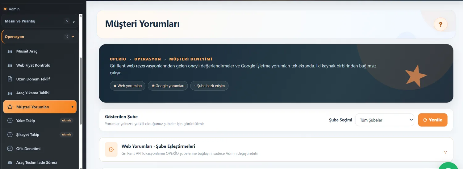 Müşteri yorumları ekranı, şube seçimi ve farklı yorum kaynakları
